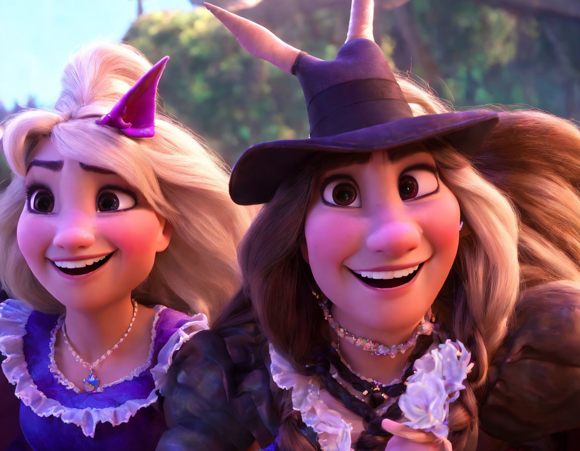 Two smiling animated female characters in purple and black witch hats, wearing festive costumes