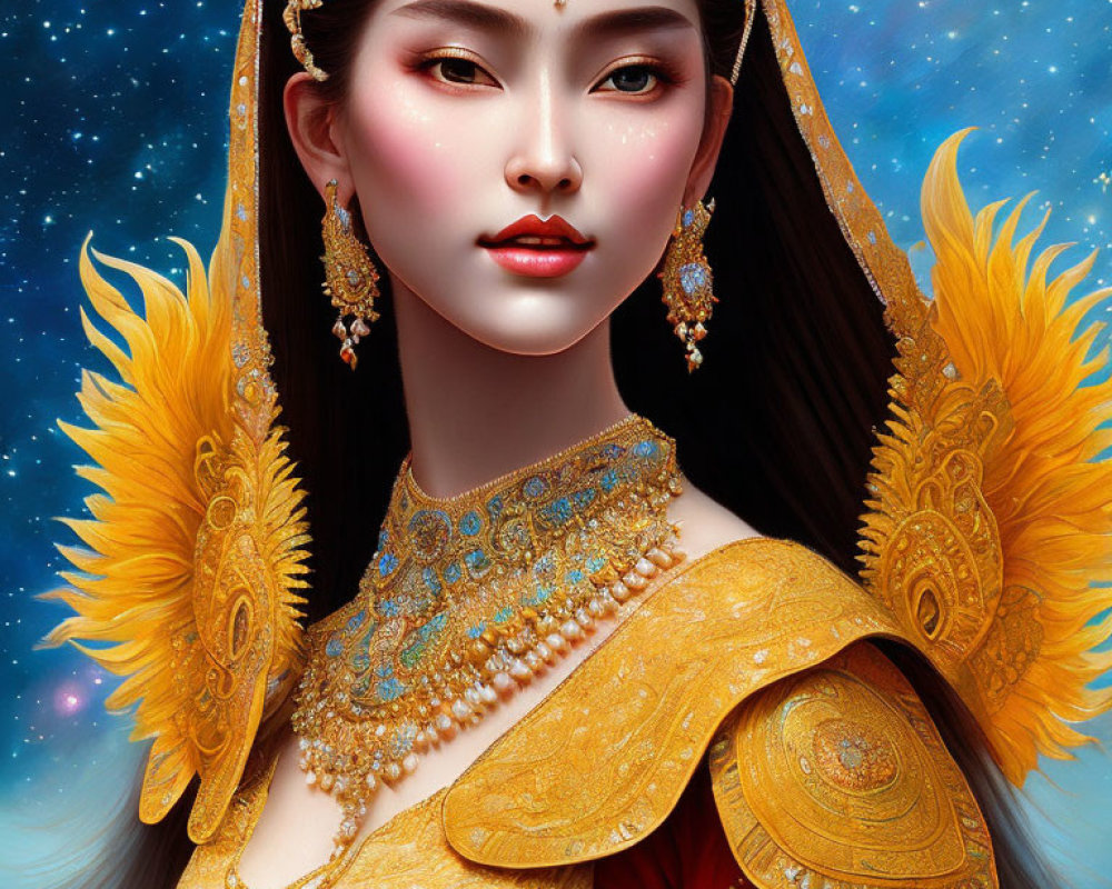 Stylized female character with golden jewelry and feathered embellishments on starry backdrop