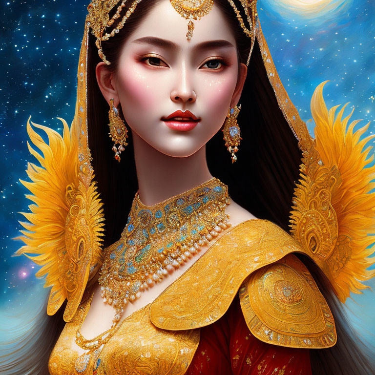 Stylized female character with golden jewelry and feathered embellishments on starry backdrop