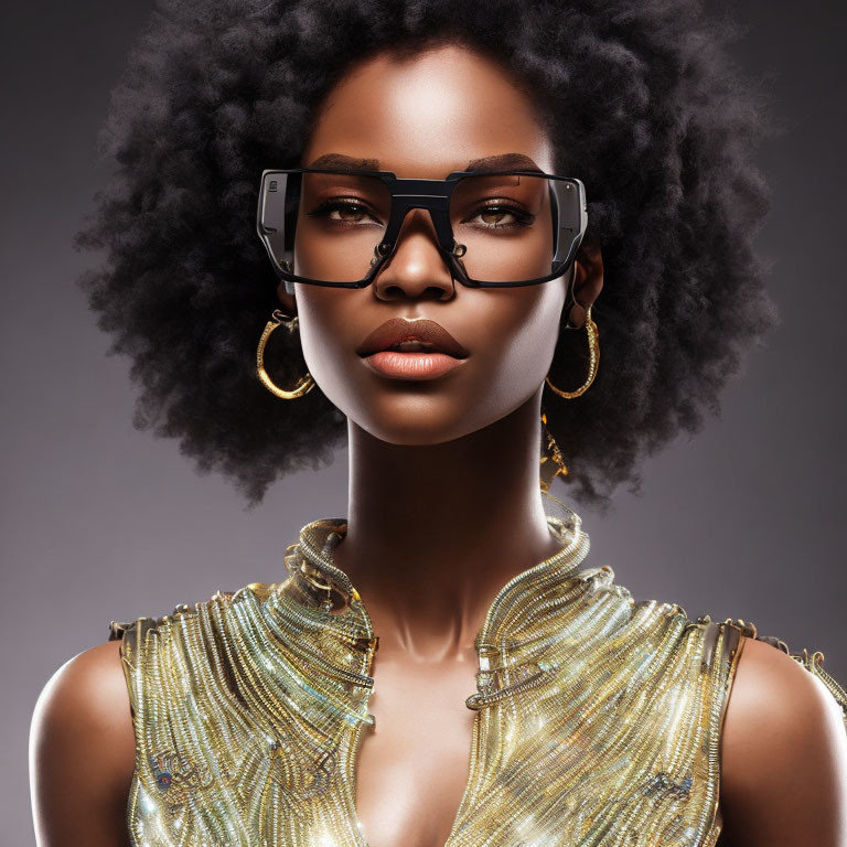 Curly-Haired Woman in Black Glasses and Gold Outfit on Gray Background