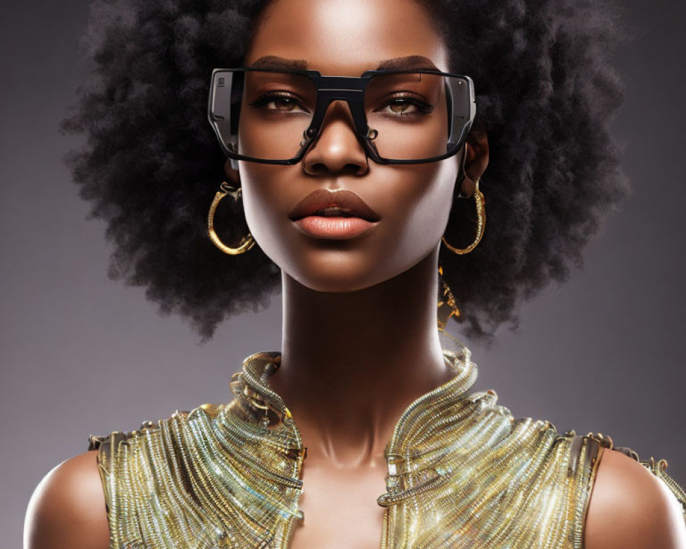 Curly-Haired Woman in Black Glasses and Gold Outfit on Gray Background