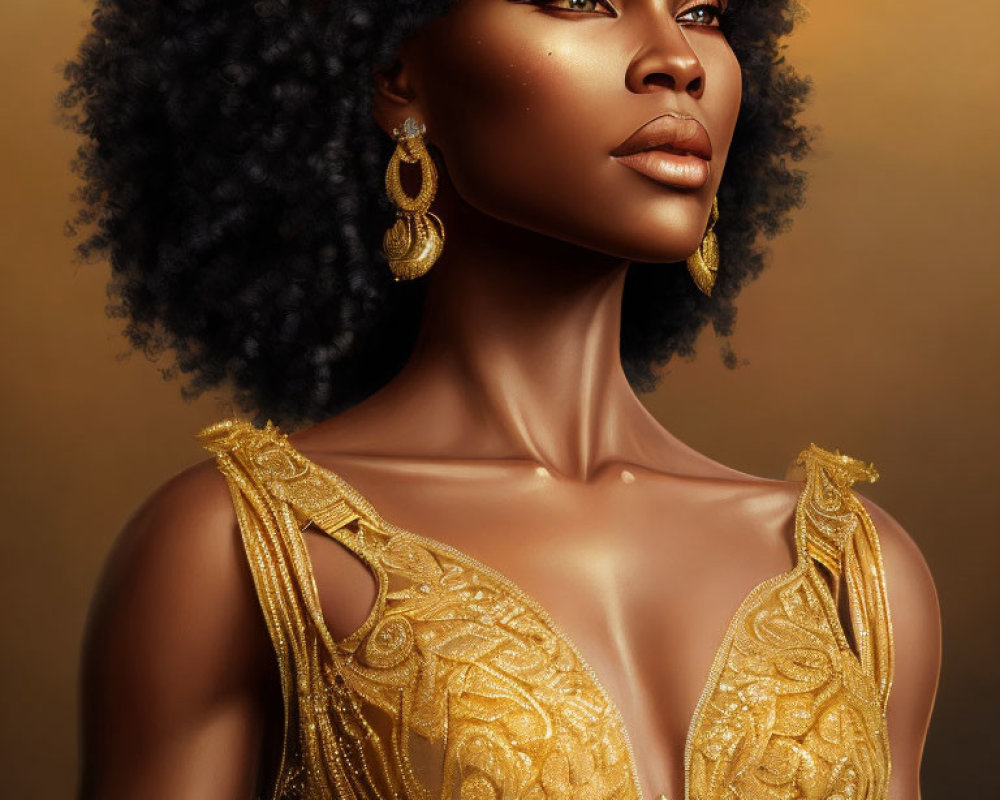 Woman in Golden Dress with Curly Hair and Earrings on Warm Background