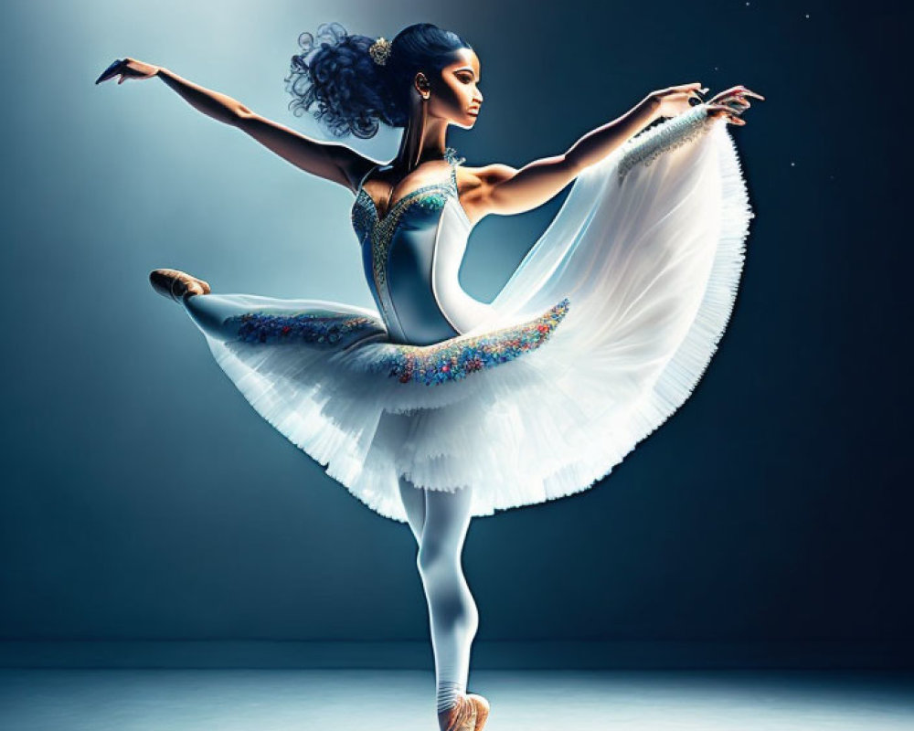 Ballet dancer on pointe in white tutu on dark blue backdrop