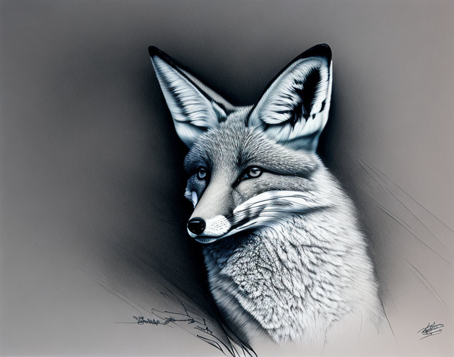 Detailed Gray Fox Illustration with Alert Ears and Fur Details