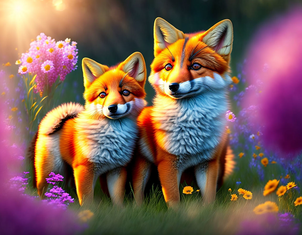 2 puppies fox in the flowers