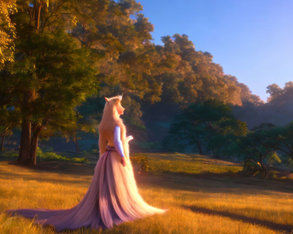 Mystical creature with white mane in grassy field at sunrise