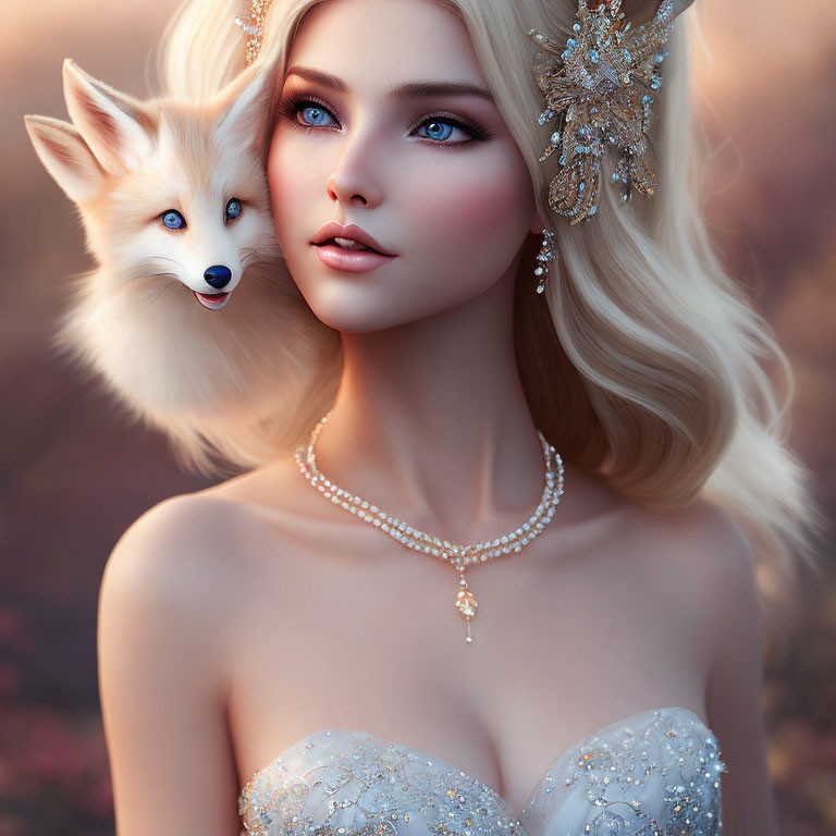 Digital artwork featuring woman and fox with striking blue eyes and ornate hair adornments