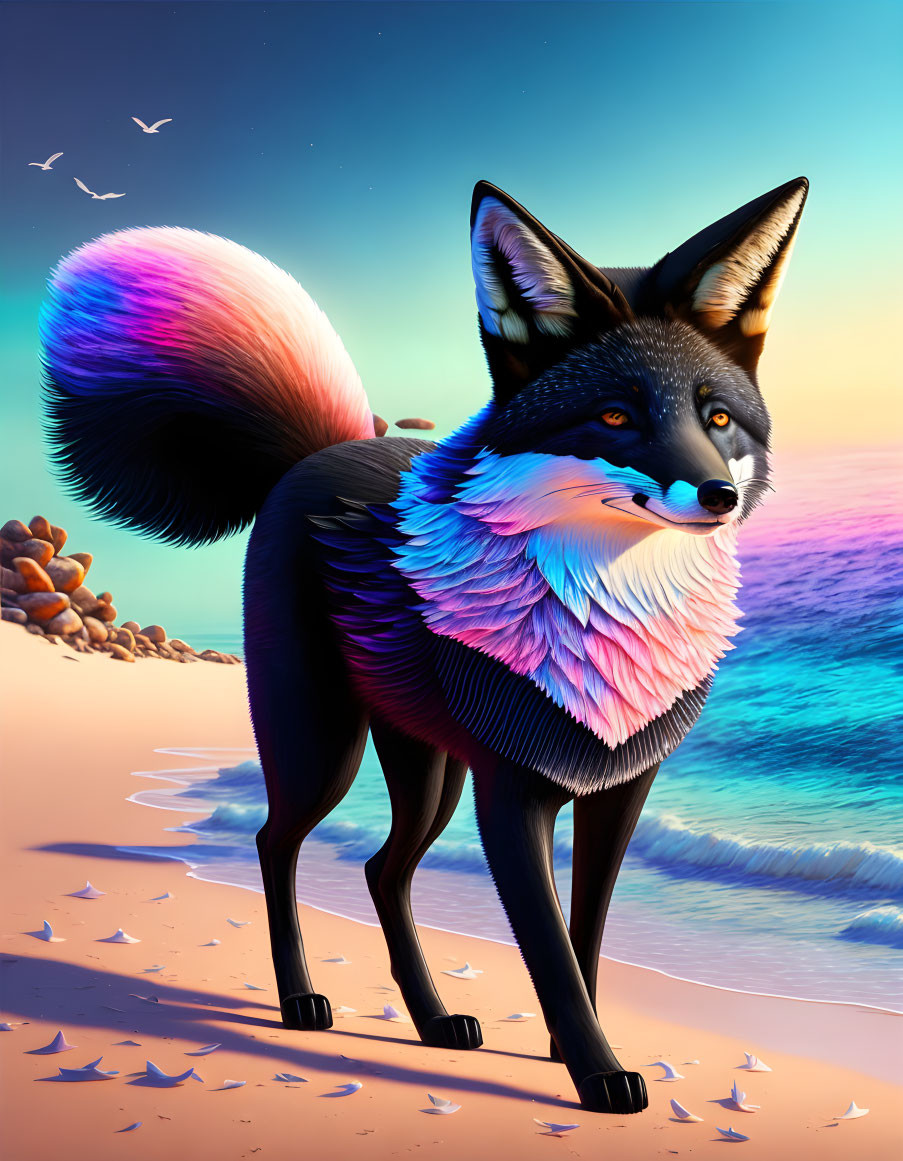 Black Fox walking down a beach.