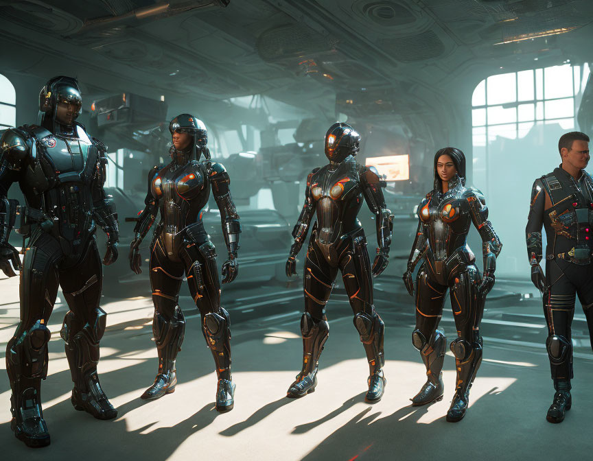 Four individuals in futuristic armor in high-tech hangar