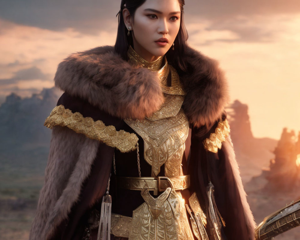 Digital Artwork: Stern Female Warrior in Ornate Armor on Dusky Sky Background