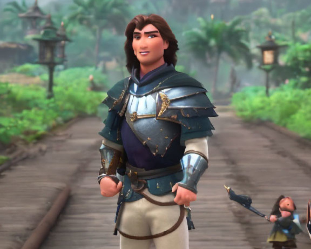 Animated knight in blue and gold armor on wooden bridge with Eastern-style backdrop