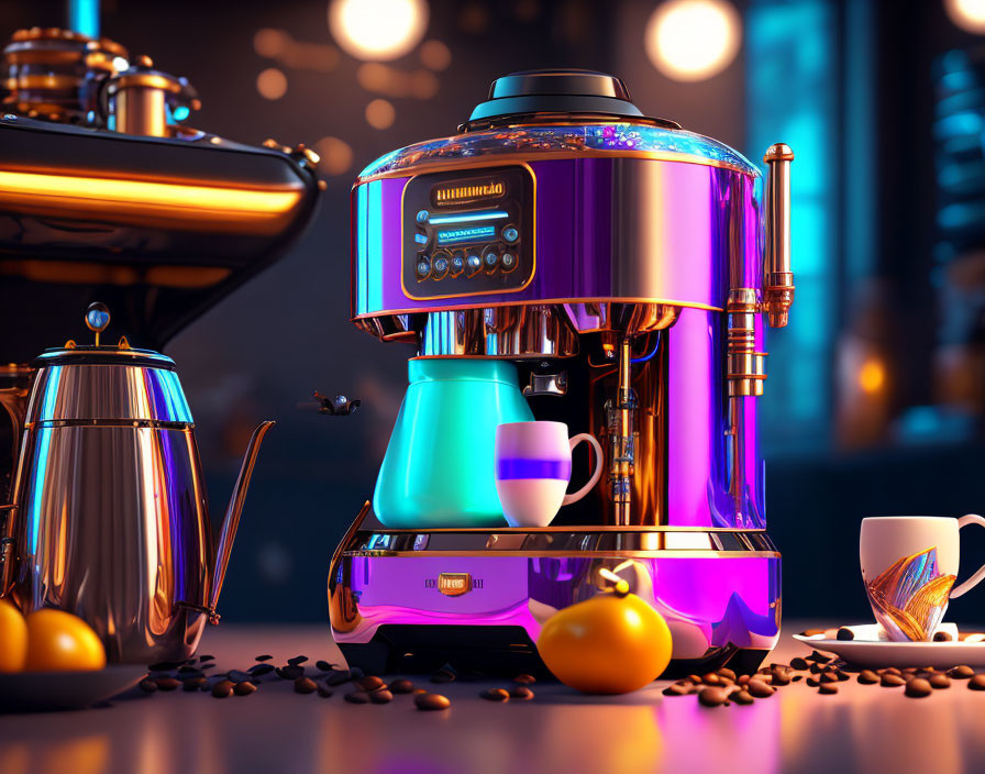 Metallic Finish Espresso Machine with Coffee Accessories on Counter