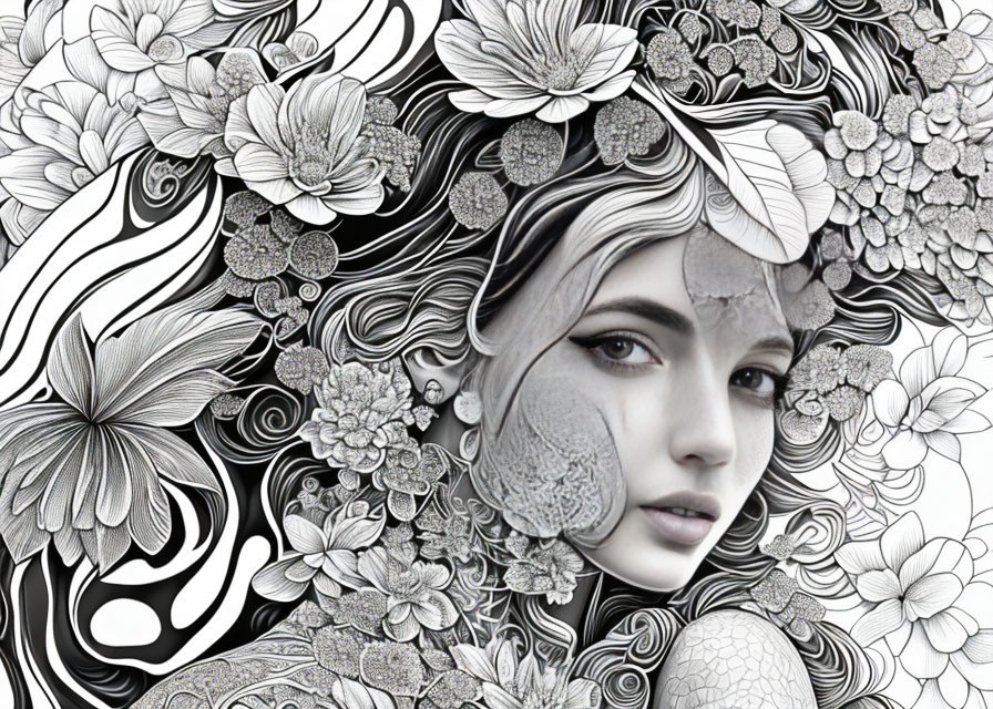 Monochrome artistic illustration of woman's face with floral patterns
