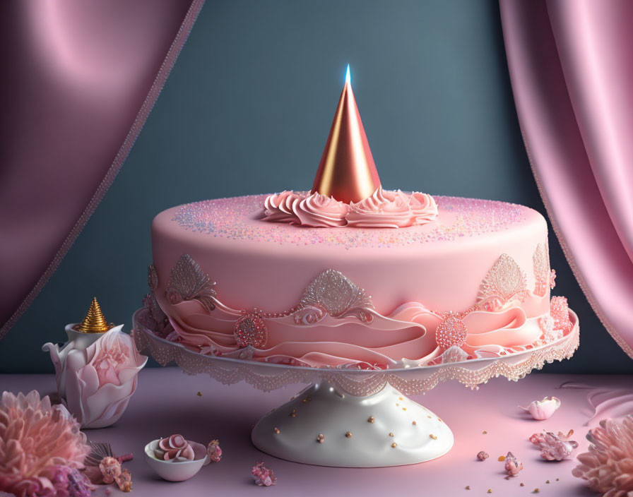 Pink Birthday Cake with Party Hat and Teapot on Cake Stand