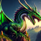 Green dragon with horns near medieval tent in scenic landscape