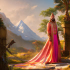 Regal figure in pink robes amidst serene landscape with mountains and ruins
