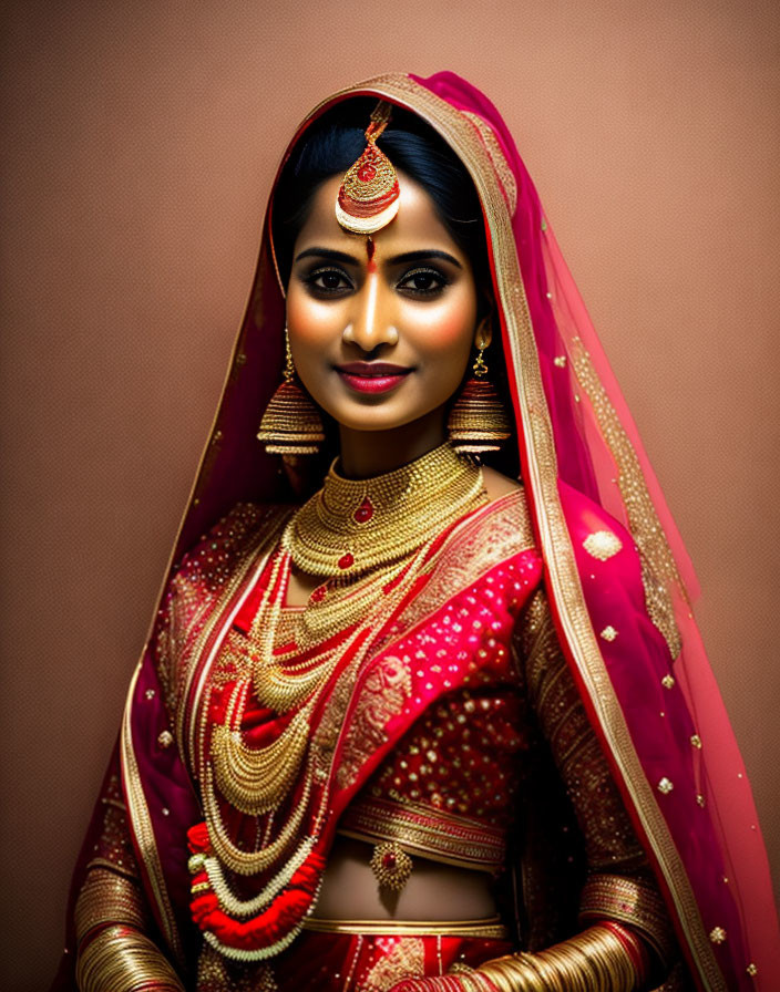 Traditional Indian Bridal Attire with Gold Jewelry and Red Lehenga