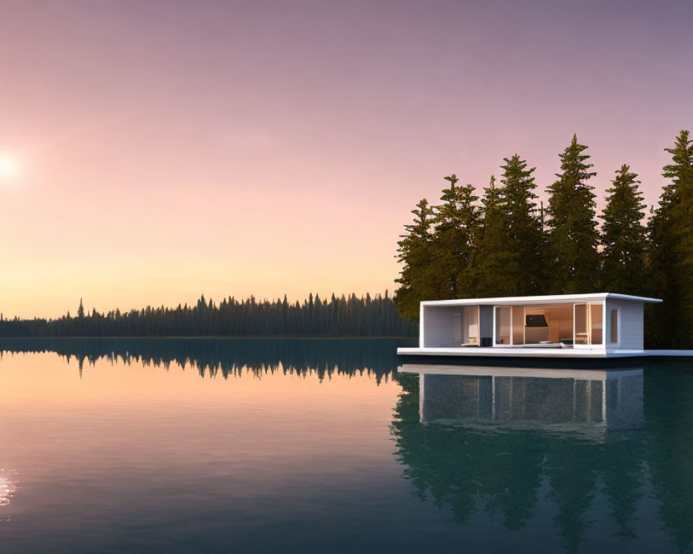 Contemporary lakeside house with large windows among pine trees at sunset