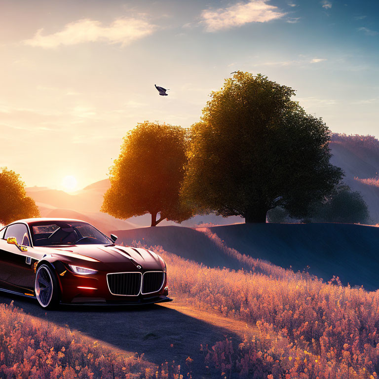 Sports car driving on curvy road through scenic landscape at golden hour