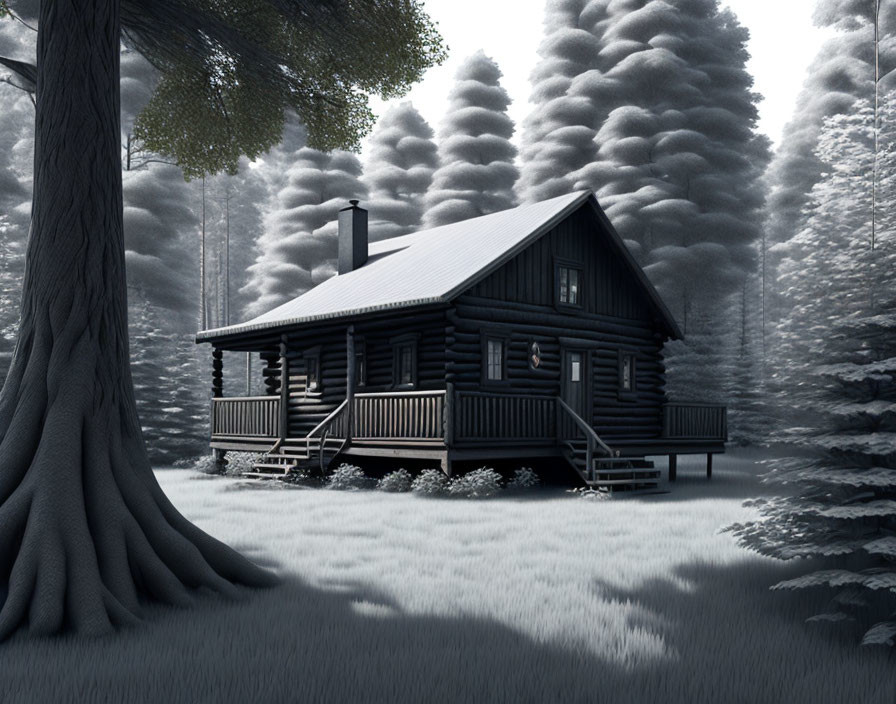 Snowy cabin surrounded by tall trees in gray sky