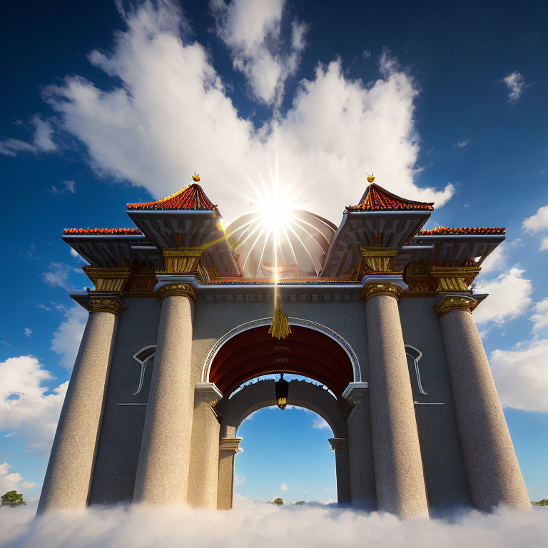 Ornate gate with red roofs and golden details under blue sky