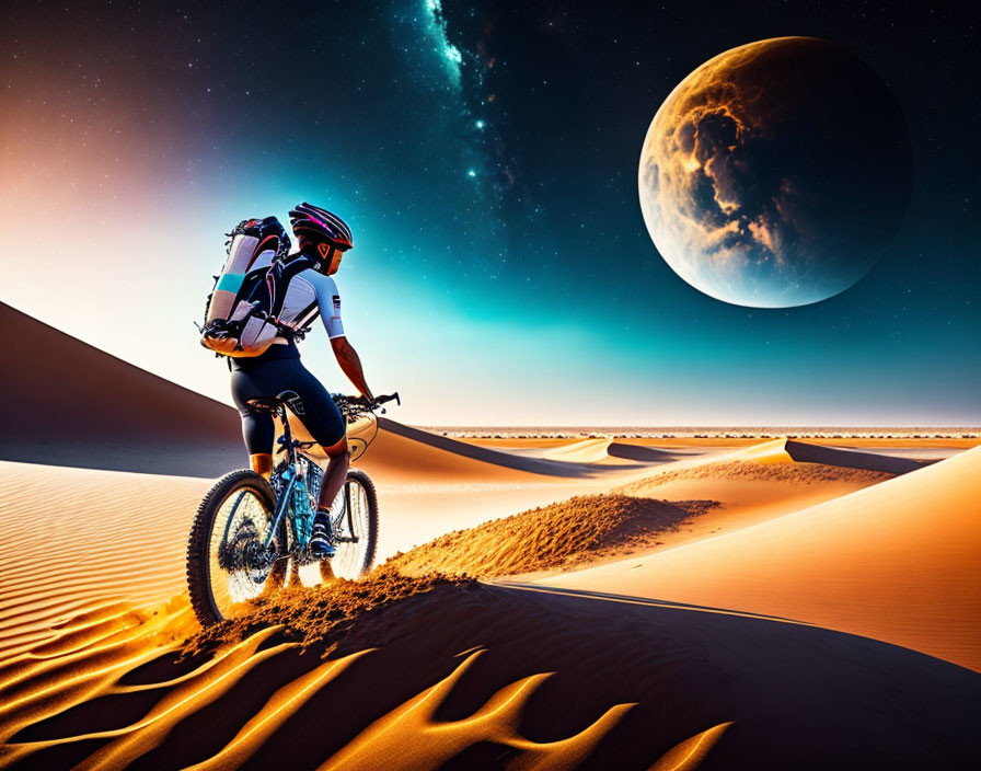 Fat bike cyclist navigating sandy desert dunes under twilight sky