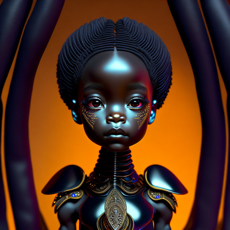 Child with Dark Skin and Blue Eyes in Futuristic Armor on Orange Background