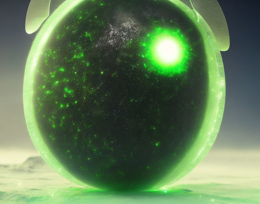 Shiny green orb with star patterns in metallic casing on misty background