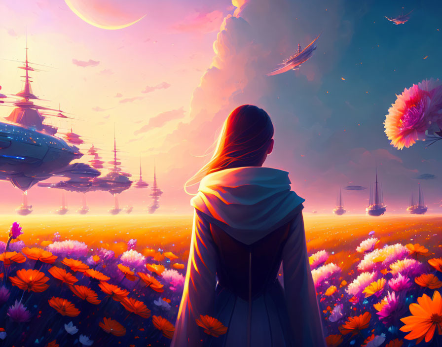 Person admires vibrant alien skyline with floating ships and oversized flowers under purple sky.