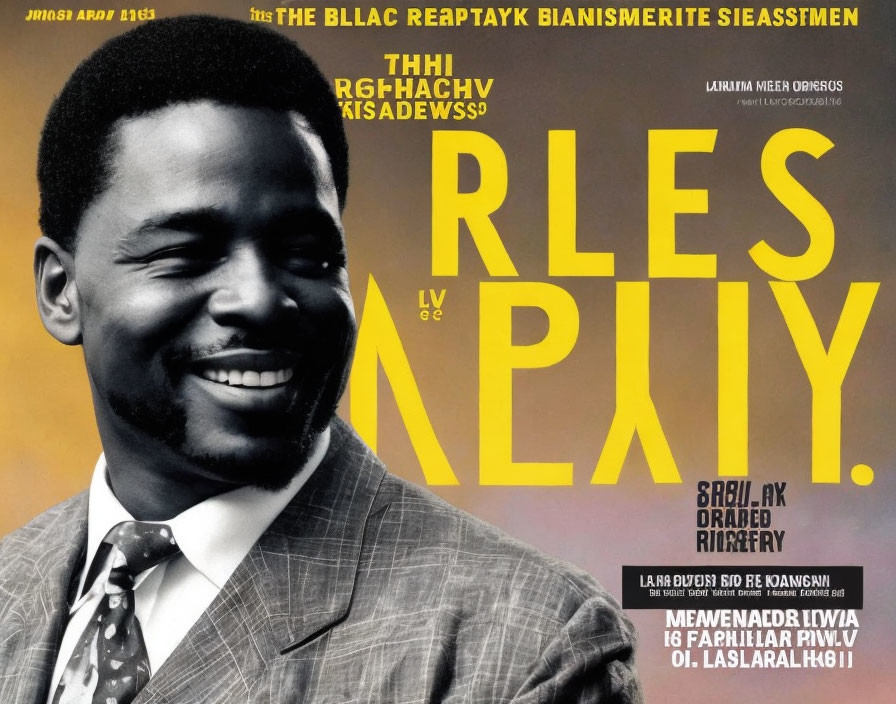 Smiling man in suit on vintage magazine cover with text and graphics