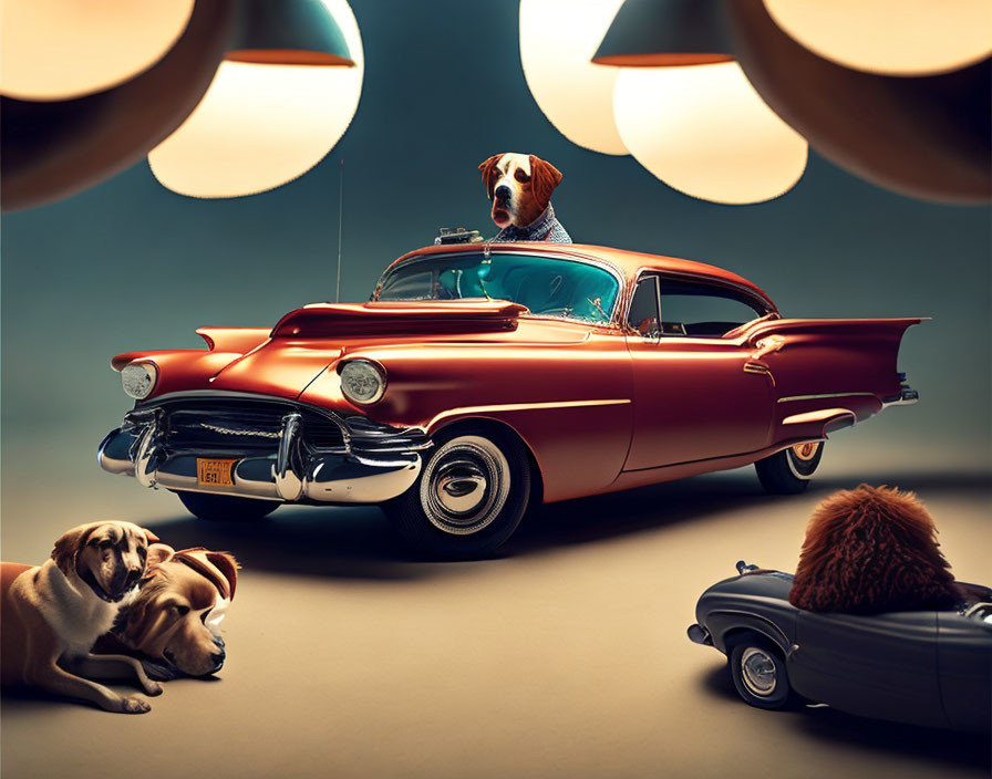 Three dogs in vintage red car with retro lights on warm backdrop