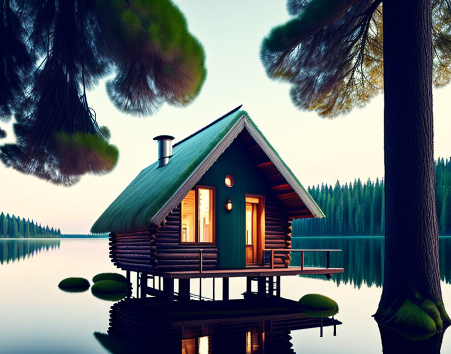 Tranquil Lakefront Log Cabin with Pier at Dusk