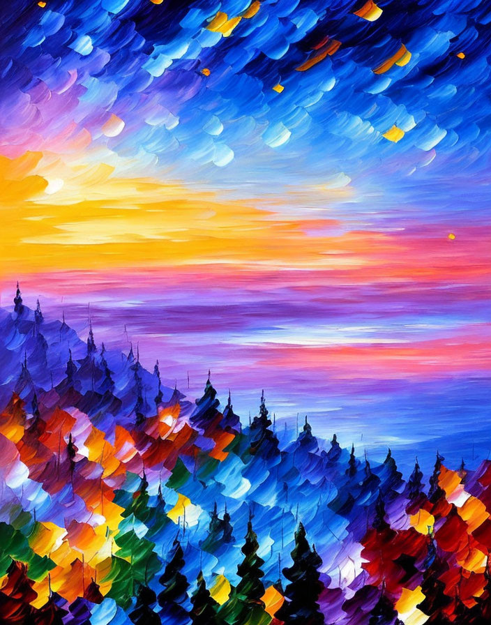 Colorful Abstract Sunset Painting Over Pine Forest Silhouette