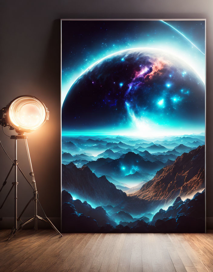 Vibrant space-themed canvas: planet over mountain landscape