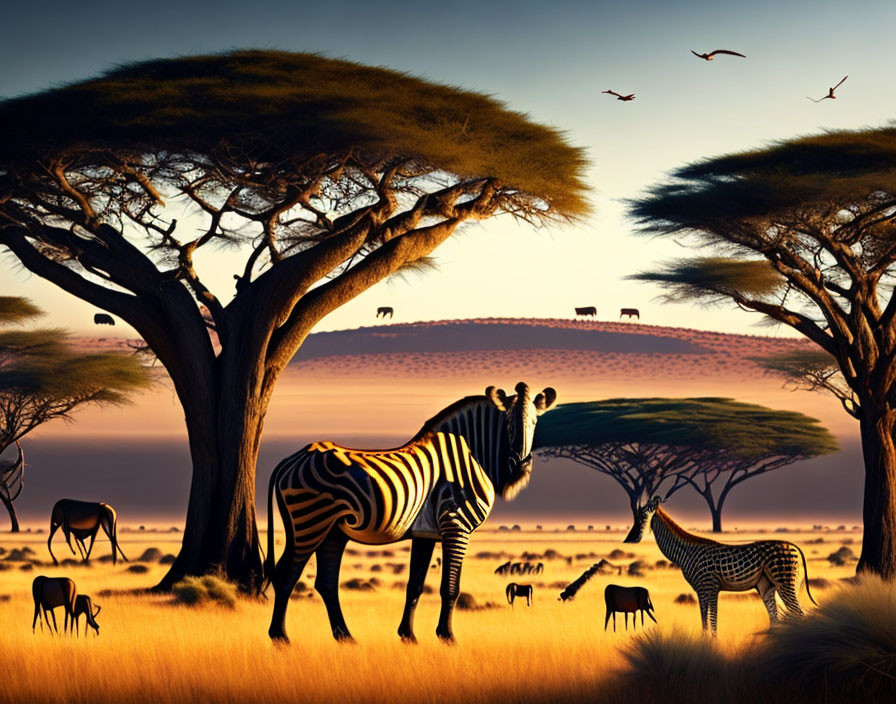 African savannah sunset with zebras, antelopes, and wildlife under warm sky