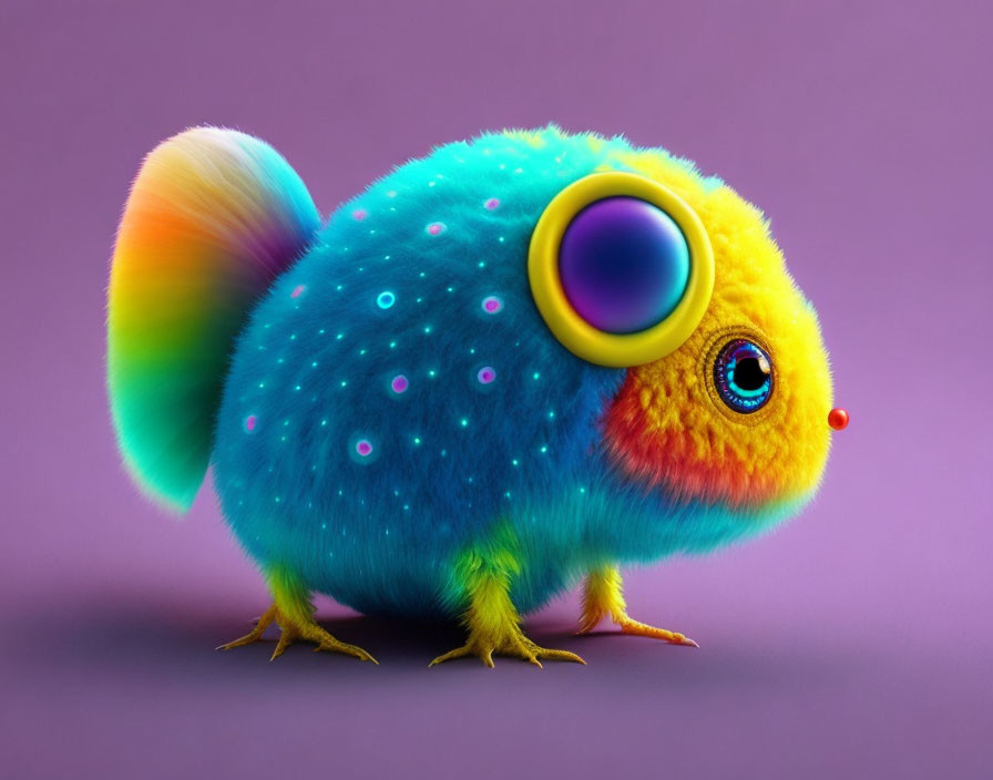 Colorful, whimsical creature with round body, rainbow tail, large eyes, and vibrant blue fur
