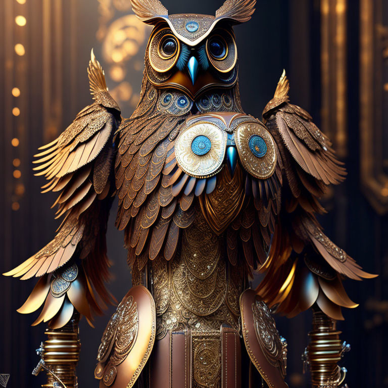 Intricate Steampunk Mechanical Owl on Luxurious Dark Background
