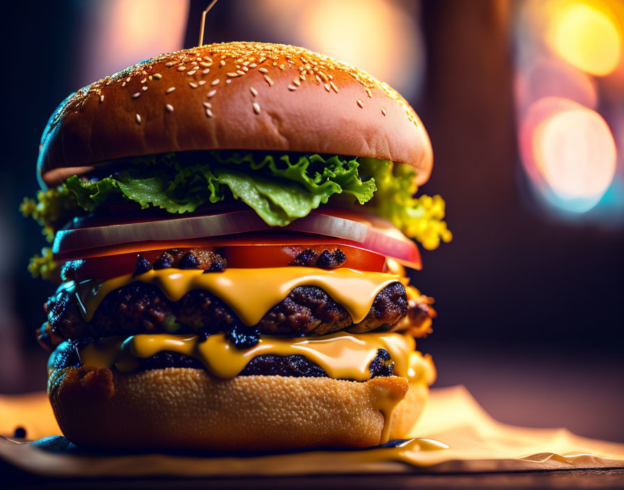 Double Cheeseburger with Lettuce and Tomato on Sesame Seed Bun with Bokeh Background