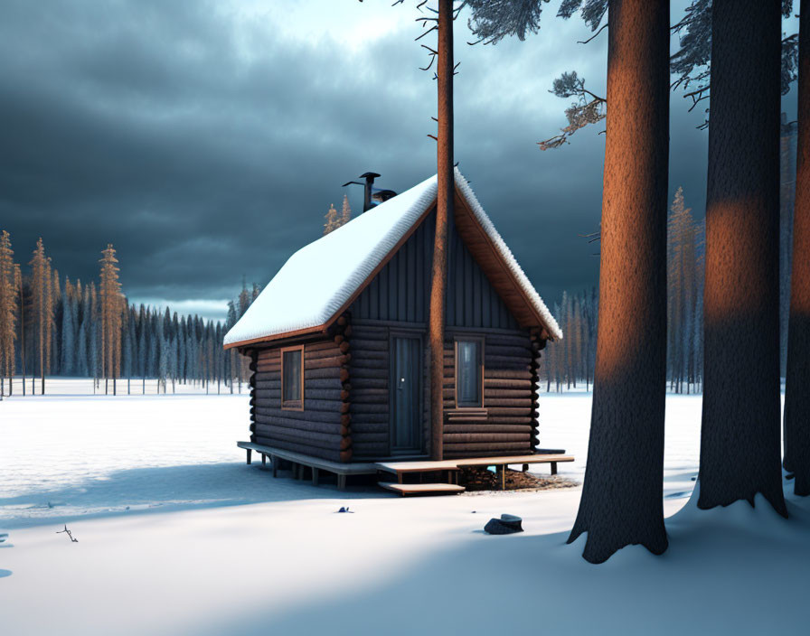 Snowy forest cabin in evening light with shadows
