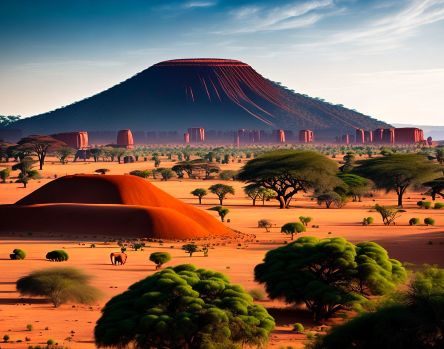 Majestic flat-topped mountain, orange dunes, elephants grazing