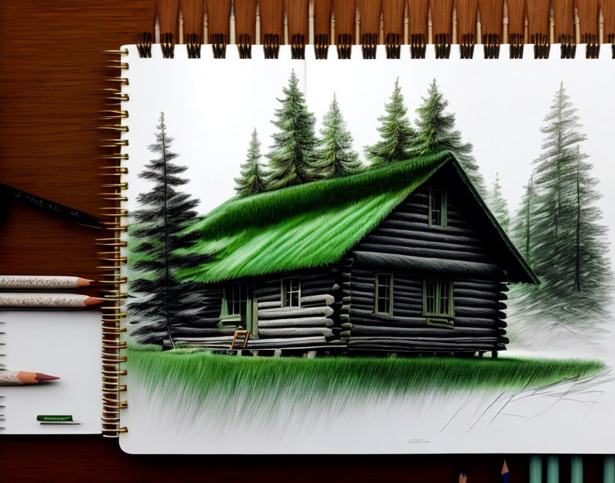 Realistic pencil sketch of log cabin in pine forest on lined paper.