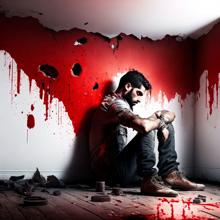 Man sitting in room with red splattered walls, evoking distress and darkness