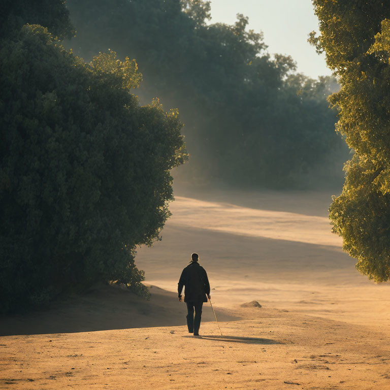 Solitary figure walking in sunlit tree-lined path with long shadow and walking stick