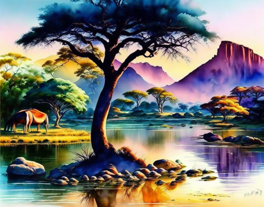 Colorful landscape painting: acacia tree, horse, water, rocks, mountains at dusk