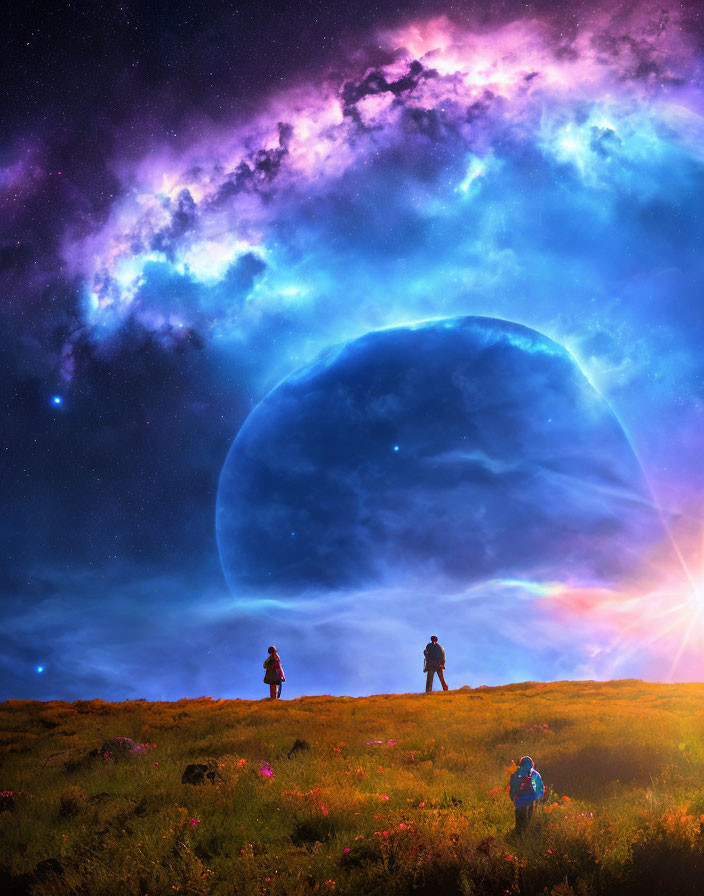 Three people on grassy hill under vibrant cosmic sky with large planet and nebula, bright celestial body