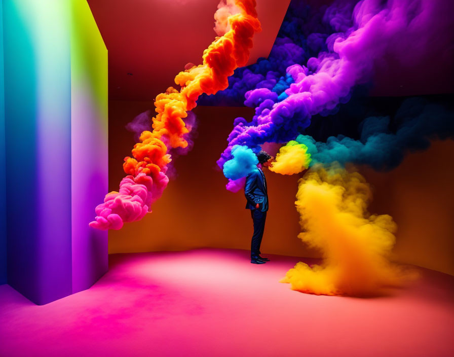 Colorful smoke installation in vibrant room with pink floor.