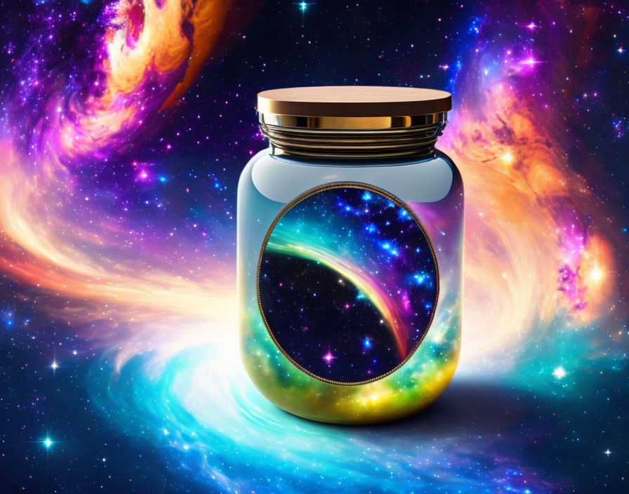 Digital artwork: Glass jar with golden lid holding swirling galaxy on cosmic backdrop