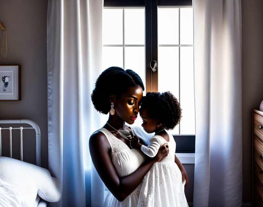 Mother and child share a tender moment in a warmly lit bedroom