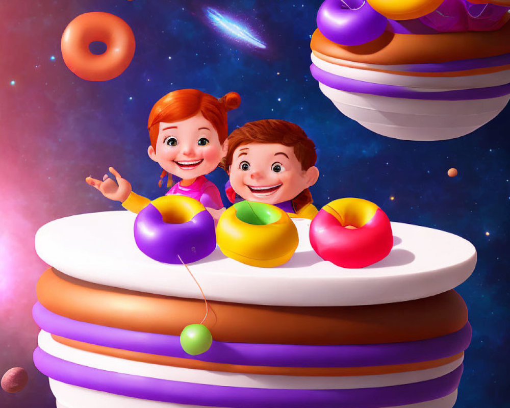 Colorful rings and whimsical outer space scene with animated children and floating doughnuts.
