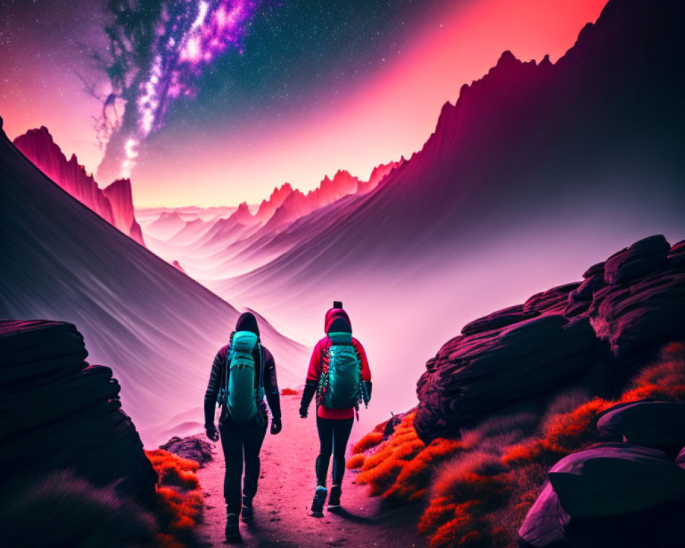 Hikers in surreal landscape with purple skies and mist-covered path